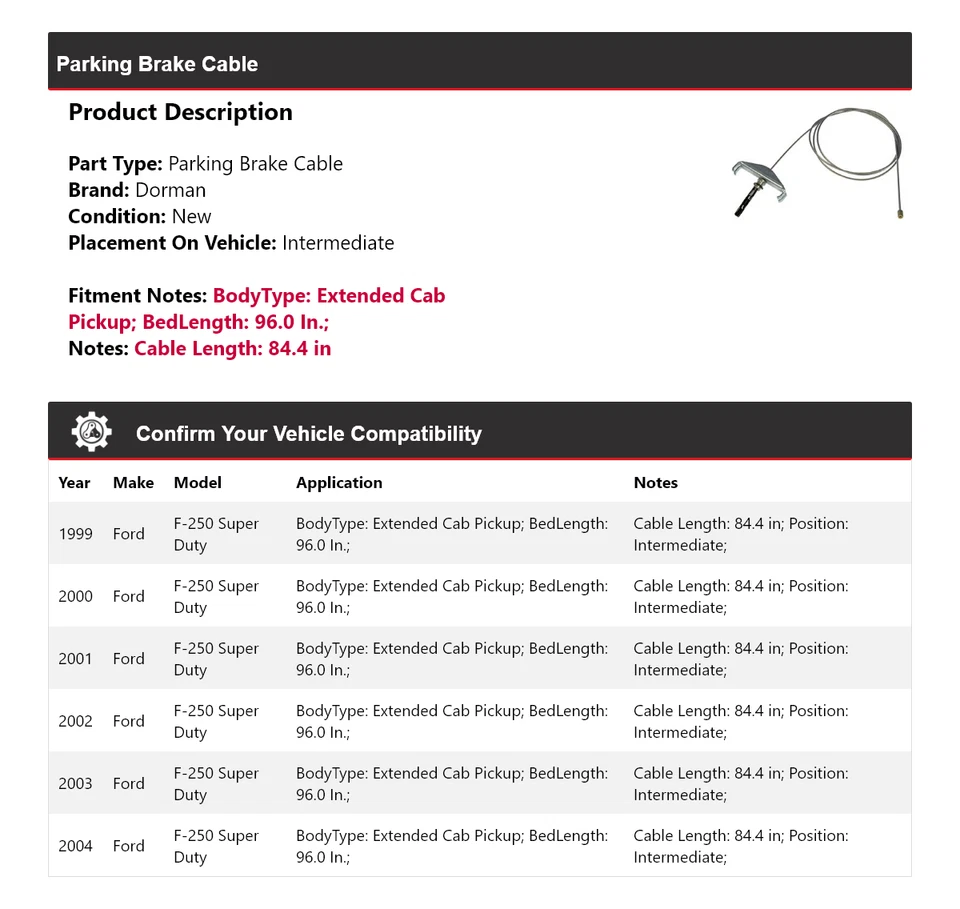 Cable de freno de estacionamiento Dorman de cabina extendida para Ford F-250 Super Duty 1999-2004 2000 Foto 2 de 4