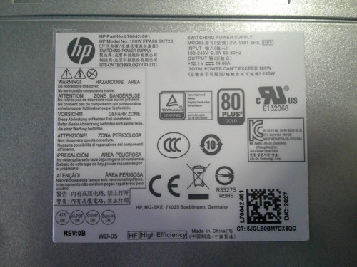 HP EPA90 ENT20 PA-1181-6HK 180W Power Supply L70042-001 80 Plus Gold (A2205) - Picture 5 of 5