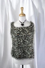 Leopard Animal Print Fuzzy Tank Top Blouse Semi Sheer Vintage 90s Punk Glam L