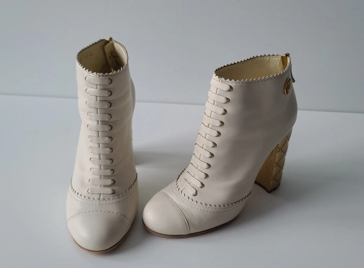 Chanel Paris-Salzburg Ivory Leather Quilted Gold Heel Ankle Boots 37.5