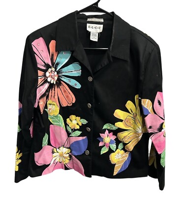 E.L.C.C Womens Stretch Floral Embellished Jacket Black Multicolor Sz Medium