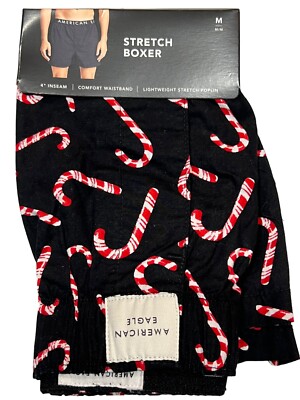 NWT AMERICAN EAGLE Stretch Boxer S-M-L-XL Black Red Candy Canes #1