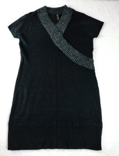 Extra Touch Women's Knit Sweater Dress Mock Wrap Neck Black with Silver Size 2X