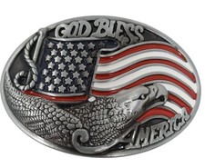 God Bless America Belt Buckle Eagle Flag Patriotic Design Metal Oval M-14
