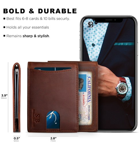 SERMAN BRANDS- Genuine Leather RFID Blocking Slim Minimalist Front Pocket Wallet - Picture 29 of 61