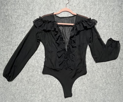 Women’s Size S Ruffled Front Bodysuit Sheer Sexy Snap Front Long Sleeves EUC - Foto 1 di 8