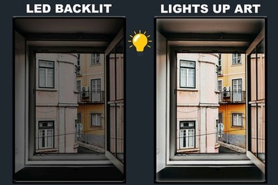 LED Backlit Window View Wall Art - Wooden window view of concrete building