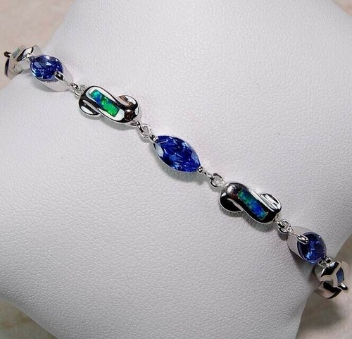 Behandelter Saphir & australischer Opal Inlay 925 Sterling Silber Tennis Armband OB9 - Bild 2 von 2