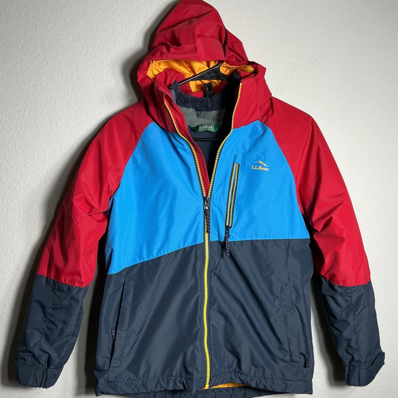 LL Bean Hooded Jacket Kids M 10-12 Colorblock Fleece Lined Red Blue Navy Warm