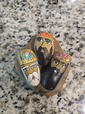 Hand Painted Art Rock Religious Three Wise Men MAGI Nativity Paperweight SIGNED