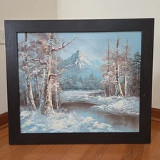 FRAMED G WHITMAN ORIGINAL OIL ON CANVAS PAINTING NATURE SNOWY FOREST LAKE 28×24