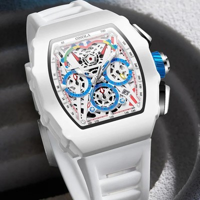 Men's Skeleton Dial Quartz Wristwatch Silicone Chronograph Waterproof Watch