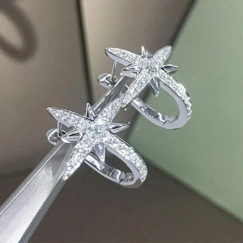 14K White Gold Plated 2.00 Ct Round Cut Moissanite Huggie Hoop Earrings Women's - Picture 5 of 5