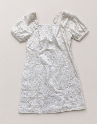 Michael Kors White/Gold Floral Shift Dress Square Neck Puff Sleeve Smocked Zip L