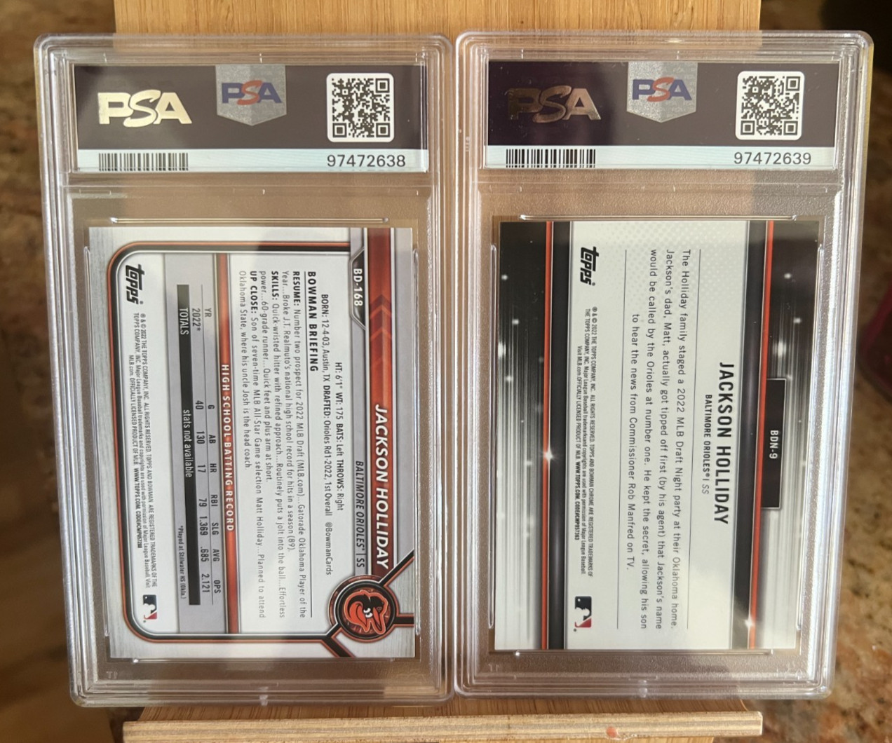 (2) 2022 1st Bowman Draft Jackson Holliday #BD168 and #BDN9 Rookie PSA 8 and 9 view 2