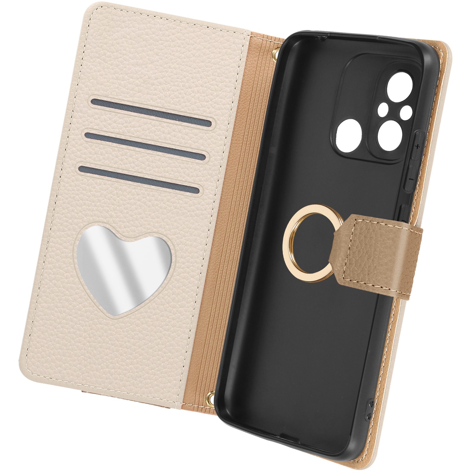 Étui folio Redmi 12C beige avec bandoulière chaîne et porte-cartes intégrés