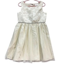 Girls Size 6 Ivory Floral Brocade Rhinestone Tulle Party Dress Flower Girl Cute