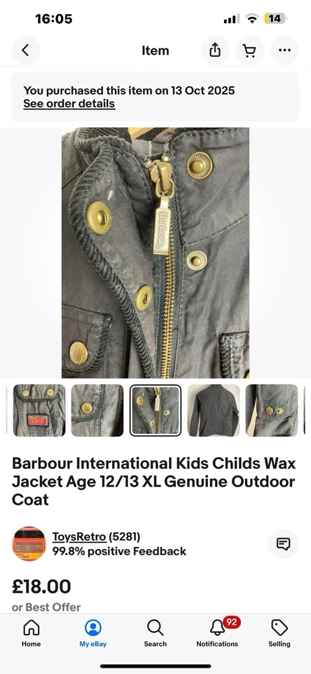 Barbour International Kids Childs Wax Jacket Age 12/13 XL Genuine Outdoor Coat - Image 4 of 4
