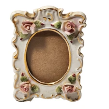 Vtg Porcelain Mini Picture Frame With Raised Roses Gold Trim Glass Photo Cover