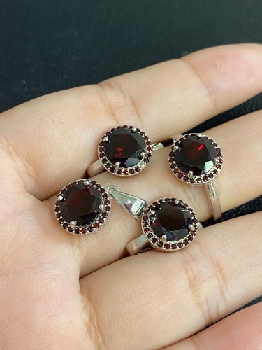 NATURAL GARNET 8 MM GARNET DIAMOND CUT STERLING SILVER 925 RING EARRING PENDENTS - 第 3/14 張圖片