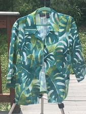 Additions by Chico s Tropical Leaf Print Button Front Jacket Size 3 XL Green