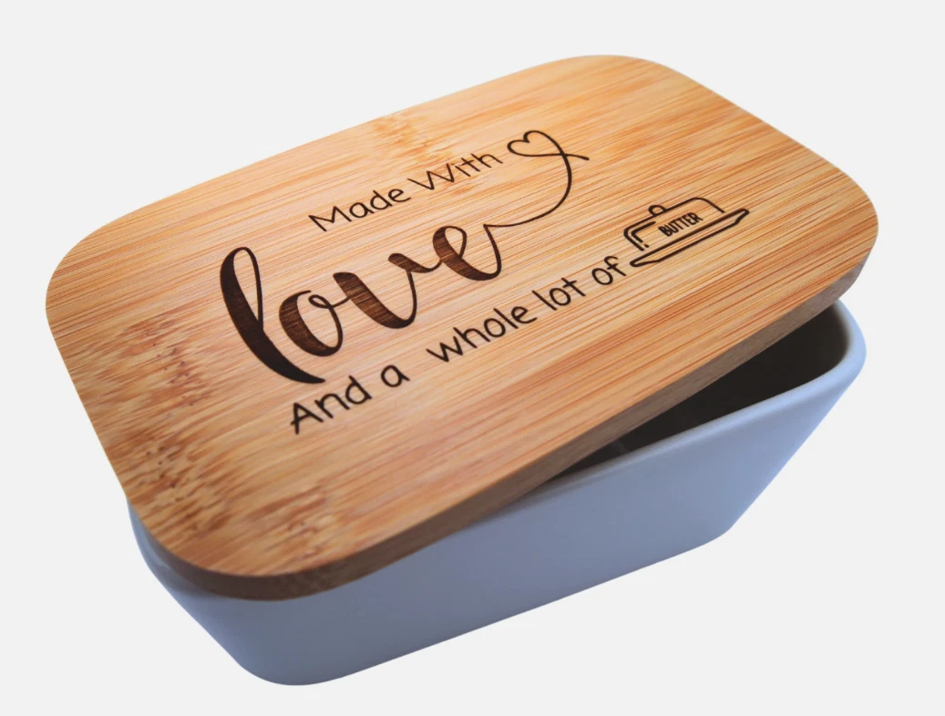 Made With Love White Ceramic Butter Dish with Wooden Lid