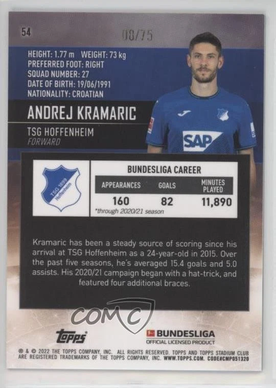 2021-22 Topps Stadium Club Chrome Bundesliga /75 Andrej Kramaric #54 - Image 2 of 2