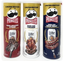 Limited Pringles Miller Lite Beer Steak Chicken Brat Potato Chips-3 Cans Sealed