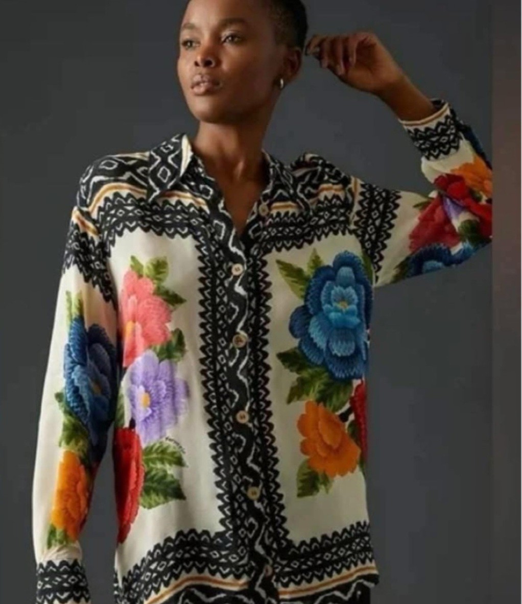 FARM RIO for Anthropologie Women's Long Sleeve Button Down Floral Top Size Small