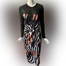 Zebra Print Sheer Mesh Long Sleeve Wrap Midi Dress Black Orange White