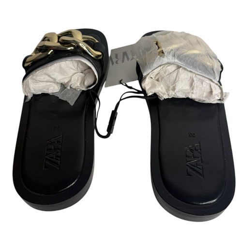 ZARA GOLD CHUNKY CHAIN TRIM SLIDE SANDALS SHOES WOMEN'S SIZE 6 - Picture 6 of 8