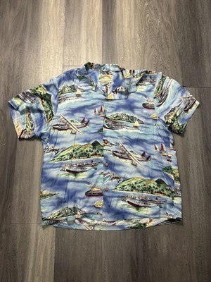 Paradise Found Shirt Mens XL Blue Islands Planes Button Up Short Sleeve