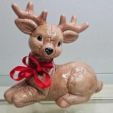 Vintage Kimble Mold Quilted Reindeer Ceramic Christmas 1988 Red Bow