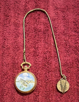 Gold Tone Full Hunter Quartz Pocket Watch Fish Dial with Chain.