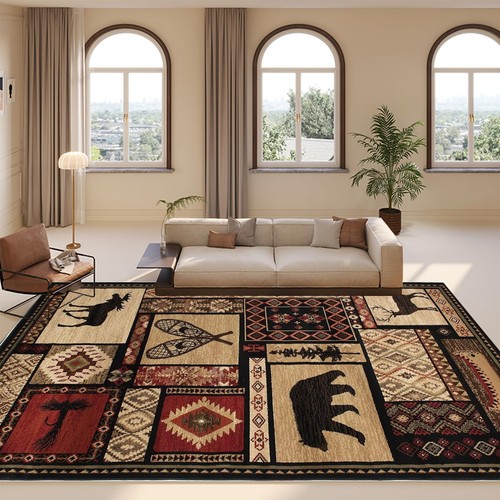 Black Bear Deer Animals Print Rustic Area Rugs for Living Room Lodge Native C...
