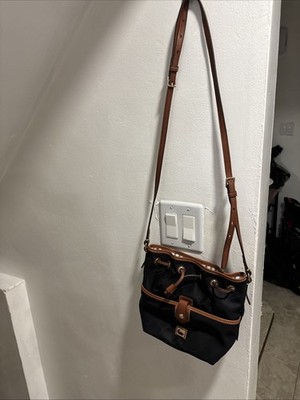 Dooney & Bourke Black Nylon Bucket Bag Brown Leather Trim Drawstring