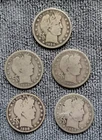 Lot of 5 circulated Barber Half Dollars - 1900, 1906, 1907o, 1908o, 1909