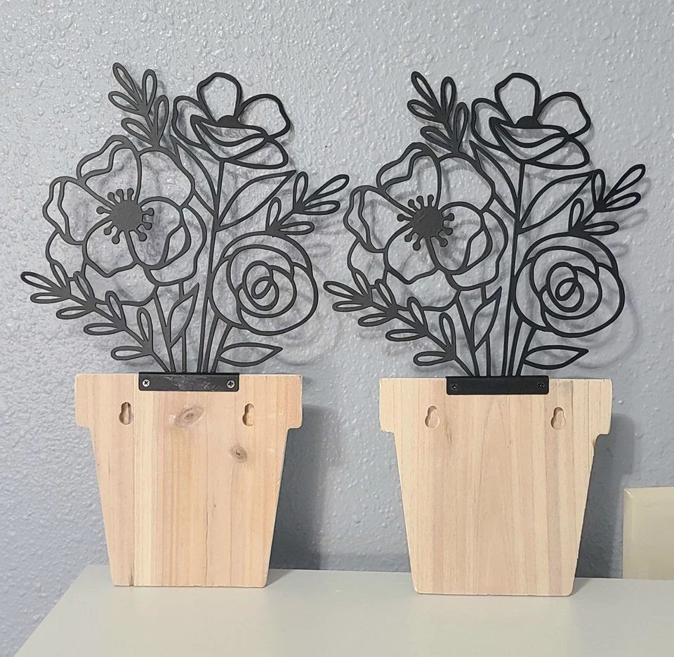 Jarrón de madera decoración de flores de metal macetas blancas y flores de metal negro decoración de pared Foto 3 de 4