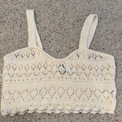 HM Divided Knit Crop Tank Top Womens Size M White Pointelle Boho Coastal Indie