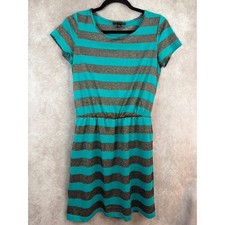 VtG Y2K City Triangles Turquoise  Metallic Gray Stripe Elastic Waist Dress Sz M