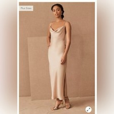 BHLDN Cali Satin Cowl Neck Midi Slip Dress in Champagne Size 12- A31