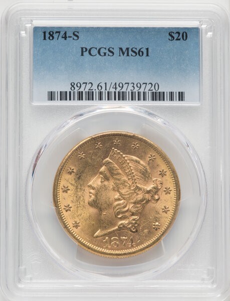 1874-S $20 Liberty Head Double Eagle PCGS MS61 ULTRA RARE