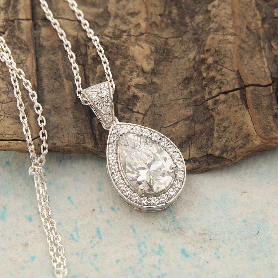 925 Silver 5.75 Ct Pear Cut CZ Halo Teardrop Pendant Necklace Gift For Women's - Image 4 of 4