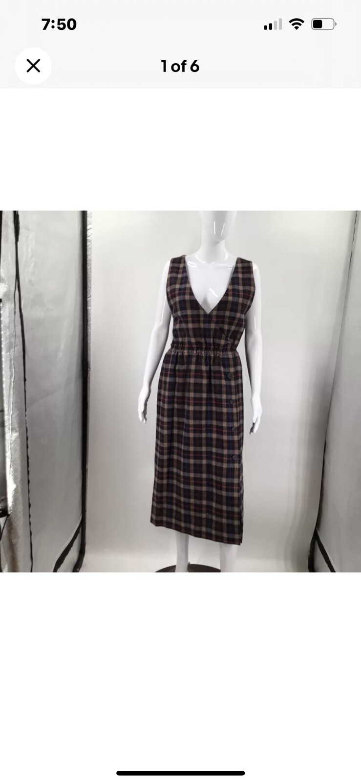 Abito donna Yves Saint Laurent linea A marrone a quadri senza maniche scollo a V cerniera L