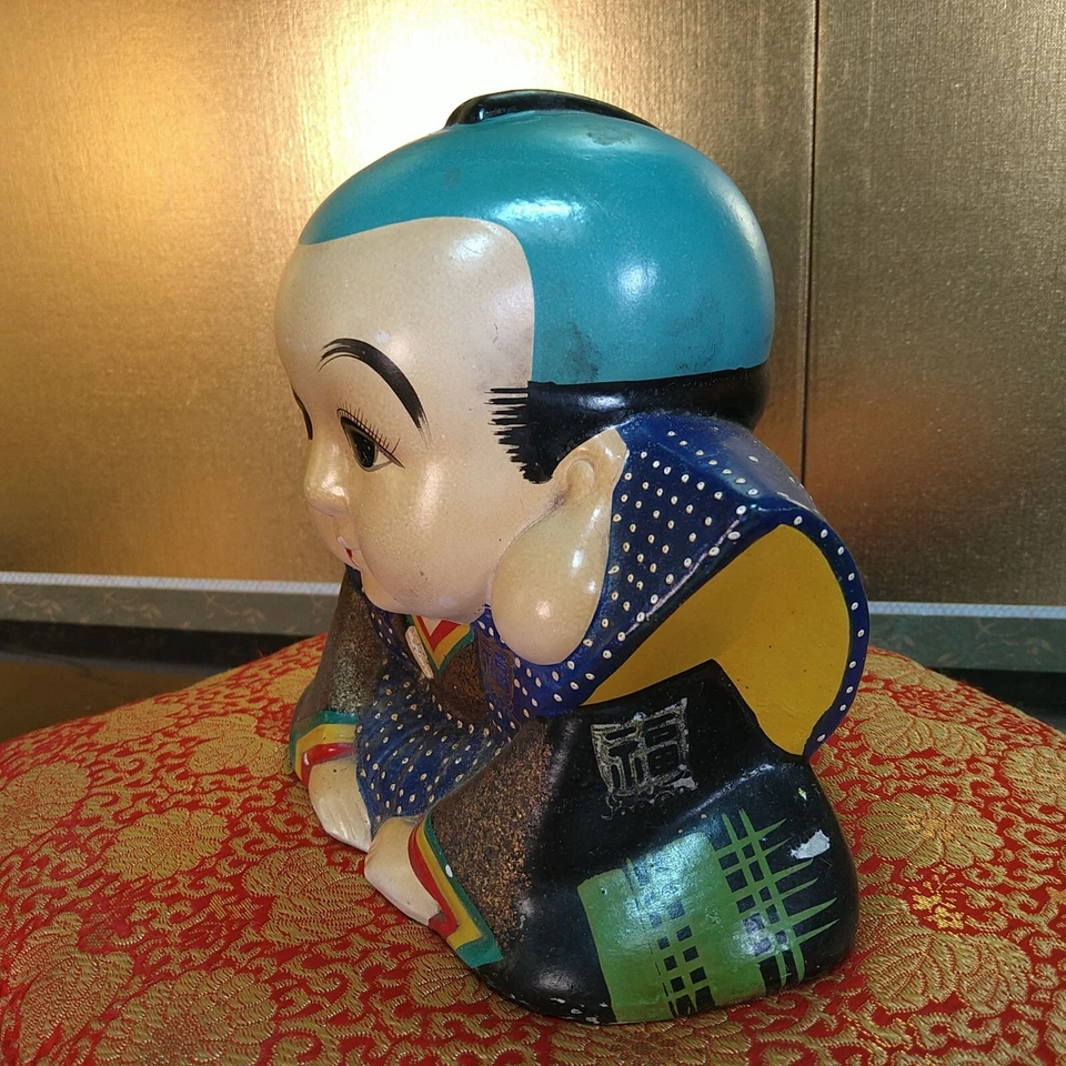 Japanese Porcelain Fukusuke Doll 7.48inch Traditional Lucky Ornament W/Cushion - Image 2 of 4