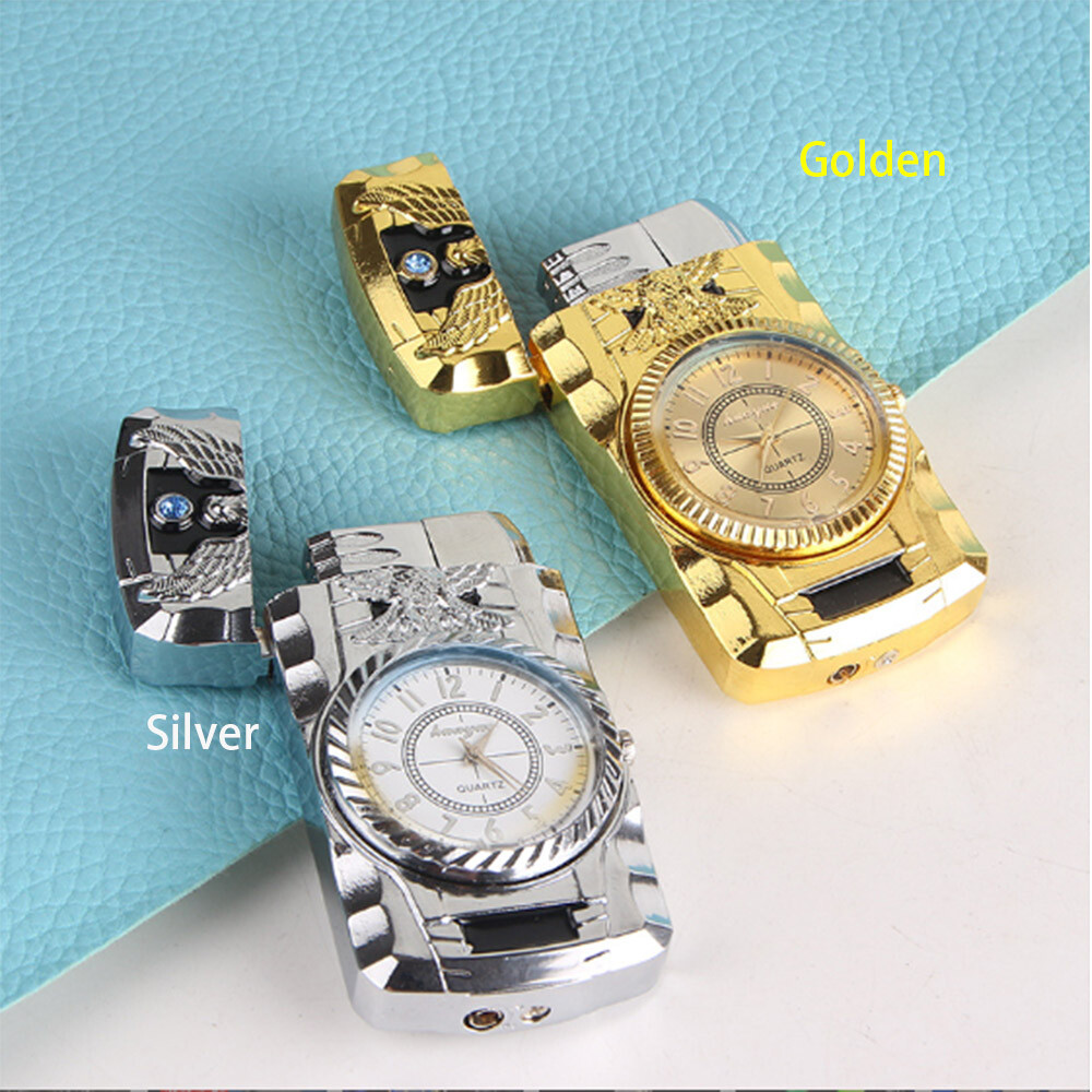 Luxury Butane Wind-Proof Jet Torch Lighter w/ Engraved Bird & LED/Quartz Watch