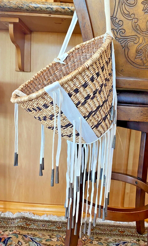 Vintage Lg Apache Burden Basket with Buckskin Handle Fringe and 48 Jingle Cones - Picture 4 of 22