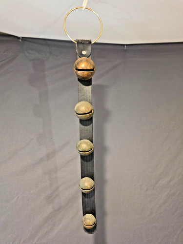 Antique Graduated Brass Sleigh Bells No. 5-9 on Leather Strap 20" -25" total