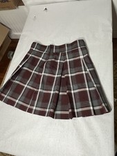 Girls Plaid Pleated Knee-Length Skirt M Burgundy Gray White Polyester