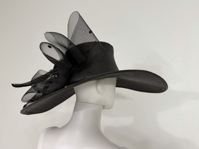 Vintage Designer Black Straw Wide Brim Straw Hat Large Bow 